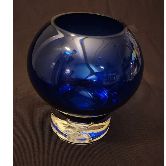 Vintage Cobalt Blue Hand Blown Glass Rose Bowl Vase 5" Controlled Bubble Base