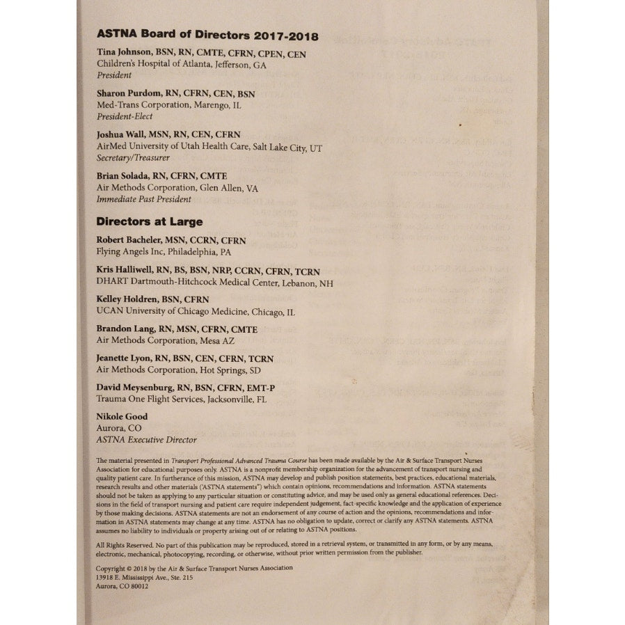 ASTNA TPATC Transport Professional Advanced Trauma Course Study Guide 2018