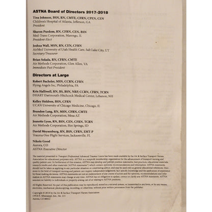 ASTNA TPATC Transport Professional Advanced Trauma Course Study Guide 2018