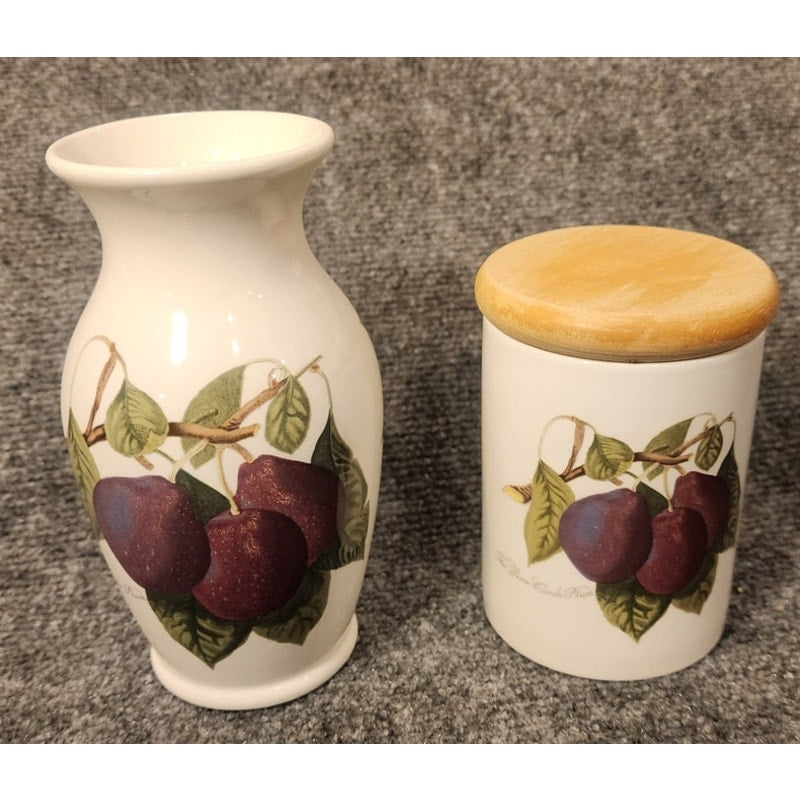 Portmeirion Pomona Grapes Cherries Vase 6.5" & Covered Jar Pot Wooden Lid 4.75"