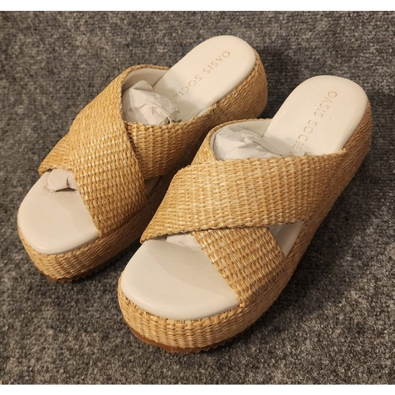Oasis Society Fresno Womens 8 Natural Raffia Platform Sandals Slip On NIB $80
