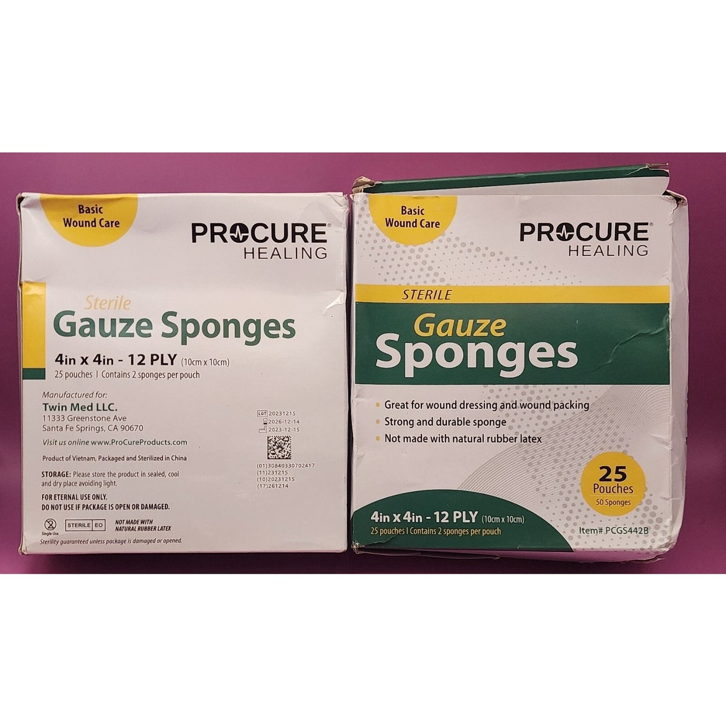 2 Boxes - PROCURE Gauze Sponges - 4" X 4" - 12 Ply - 25 Pouches Each Box