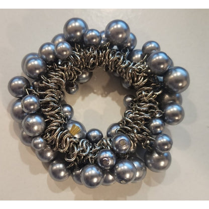 Vintage - Acrylic Faux Pearl - Silver Cluster - Stretch Elastic - Bracelet