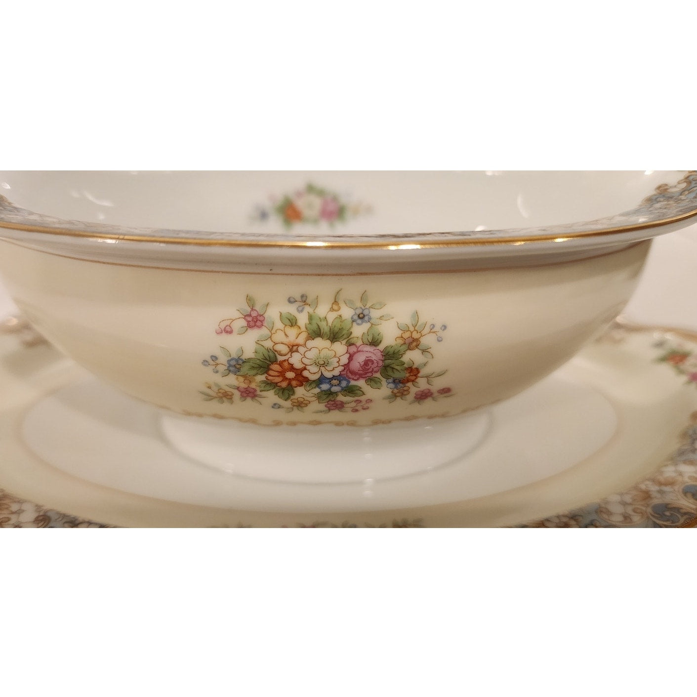 Vintage Noritake Fine China Gravy Boat with Attached Underplate Teal Floral Gold