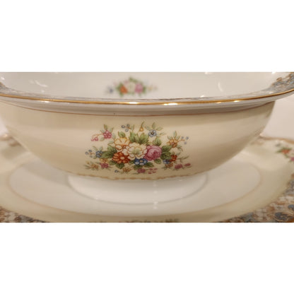 Vintage Noritake Fine China Gravy Boat with Attached Underplate Teal Floral Gold