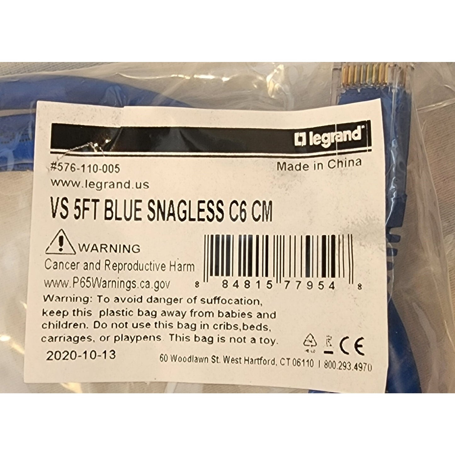 (Pk of 10) -Patch Cable - #576-110-005 - VS 5FT Blue Snagless C6 CM - #77954