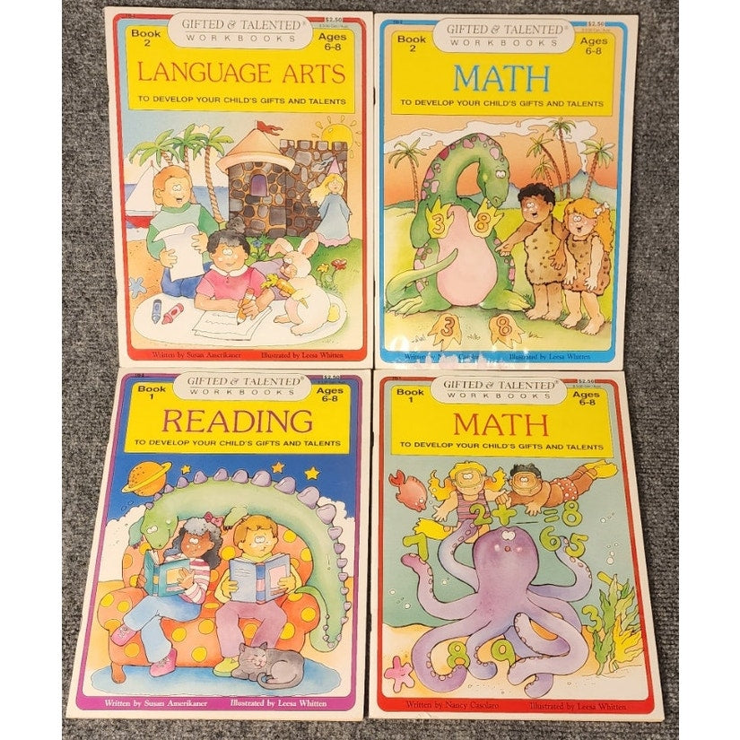 Gifted & Talented Workbook Set Ages 6-8 Math 1 & 2 Reading 1 Language Arts 2
