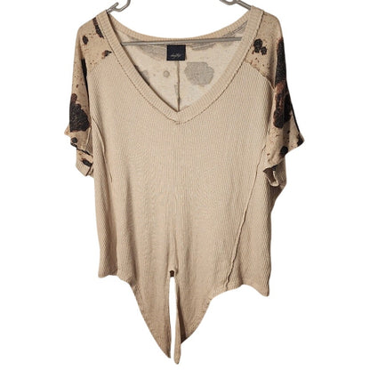 Daytrip Women’s Short Sleeve Ribbed V‑Neck Top Beige Brown Pattern Size Large