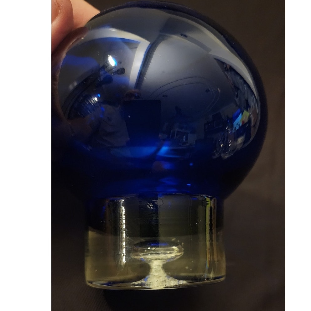 Vintage Cobalt Blue Hand Blown Glass Rose Bowl Vase 5" Controlled Bubble Base