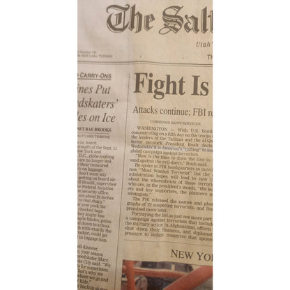 9/11 newspaper - Salt Lake Tribune 9/12/2001 - and 10/11/2001 1 month after