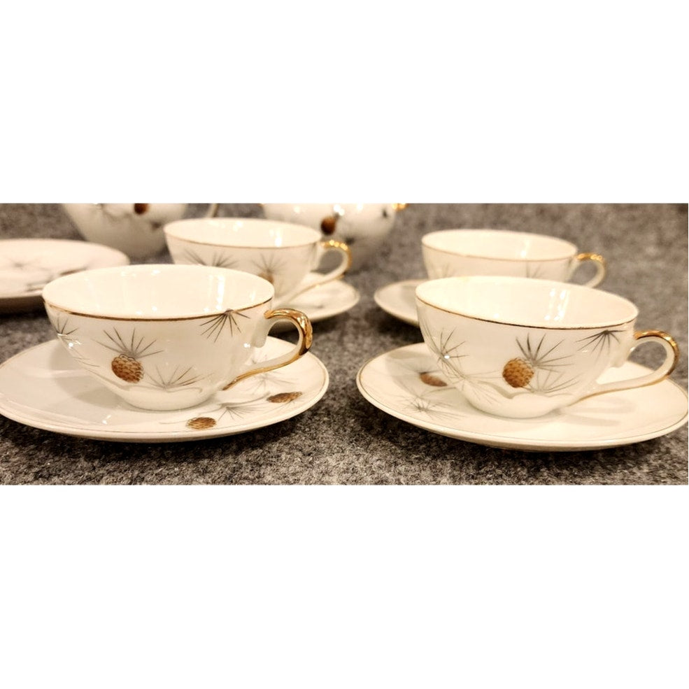 Vintage Japanese Pinecone Tea Set – Service for 4 + Cream & Sugar – Gold Trim