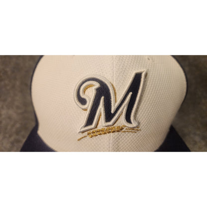 New Era 59FIFTY Milwaukee Brewers Fitted Hat Size 8 Tan Navy Cap MLB