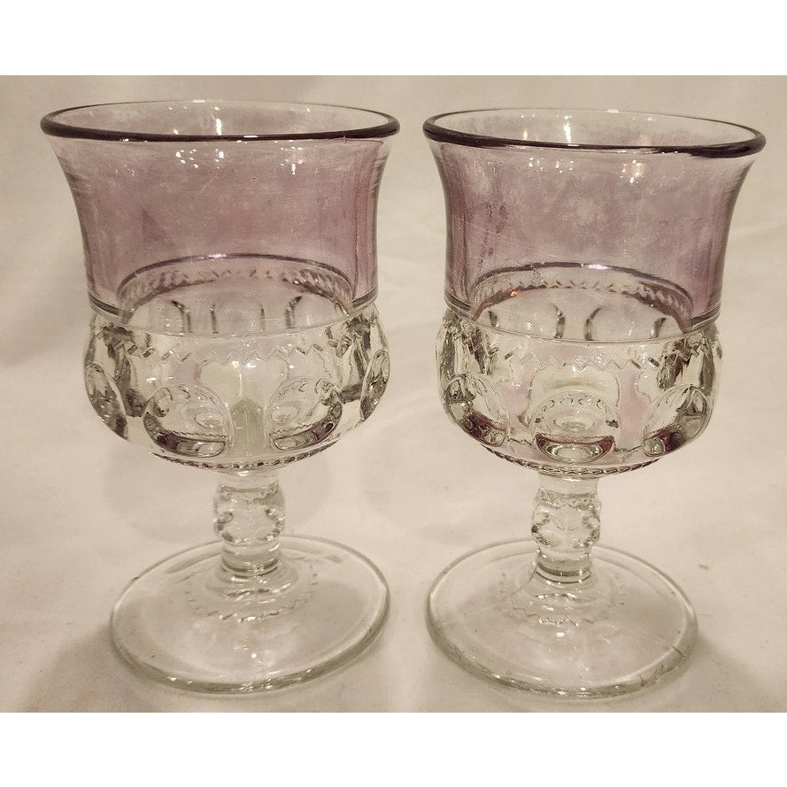 Vintage Indiana Glass Kings Crown Pale Cranberry Flash Thumbprint Goblets Pair