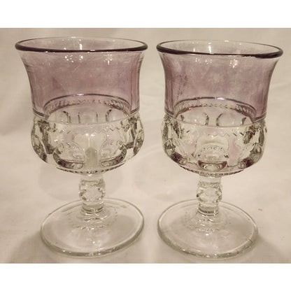 Vintage Indiana Glass Kings Crown Pale Cranberry Flash Thumbprint Goblets Pair