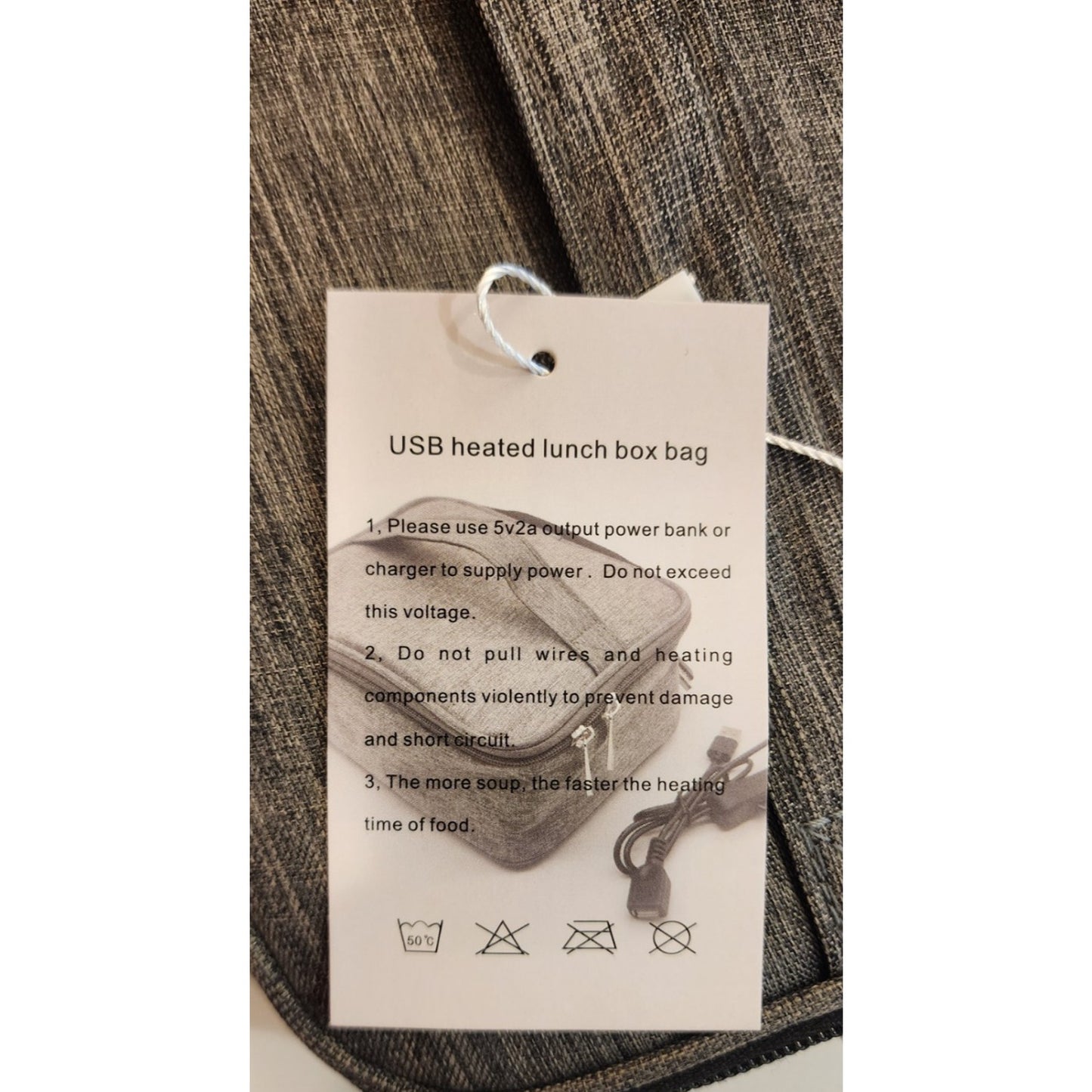 USB -Heated Lunch Box Bag - Gray - Keeps Food Warm - 9 X 7 X 3.5 inches
