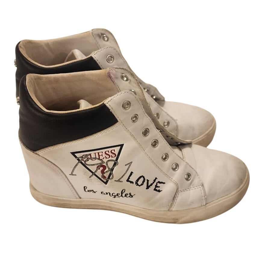 Guess Women's Size 9 M Loven Lace Up Sneakers White Black Script Love Logo