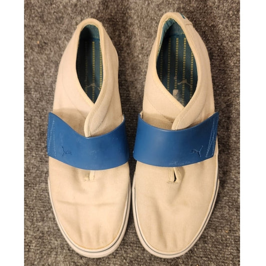 Vintage Puma Sportstyle Canvas Slip On Deck Shoes Sneakers Cream Blue Strap
