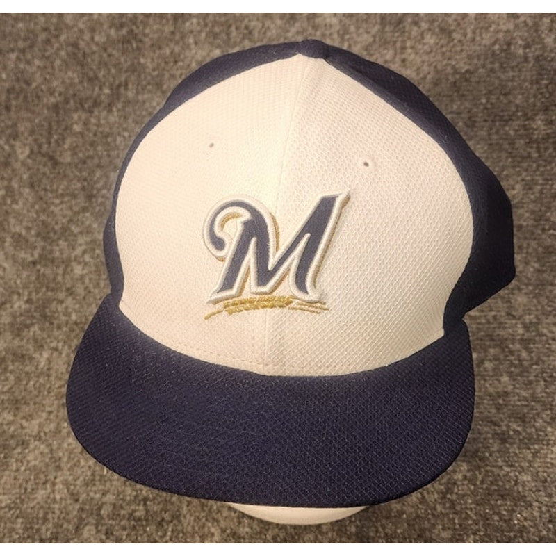New Era 59FIFTY Milwaukee Brewers Fitted Hat Size 8 Tan Navy Cap MLB