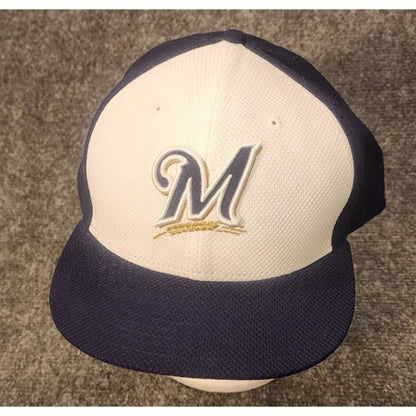 New Era 59FIFTY Milwaukee Brewers Fitted Hat Size 8 Tan Navy Cap MLB