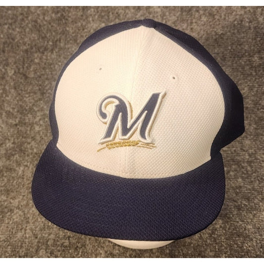 New Era 59FIFTY Milwaukee Brewers Fitted Hat Size 8 Tan Navy Cap MLB