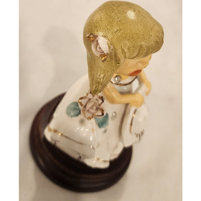 Vintage Wade Japan Angel Bell Figurine on Wooden Stand 5"