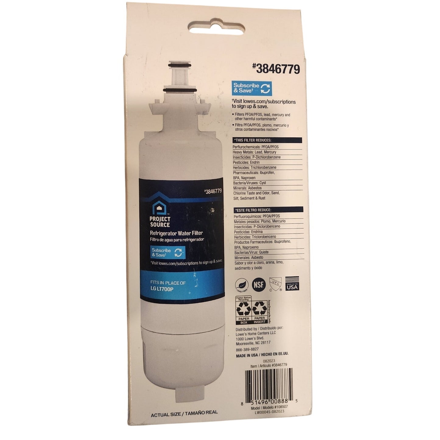 Project Source 3846779 Refrigerator Water Filter 2-Pack Fits LG LT700P New