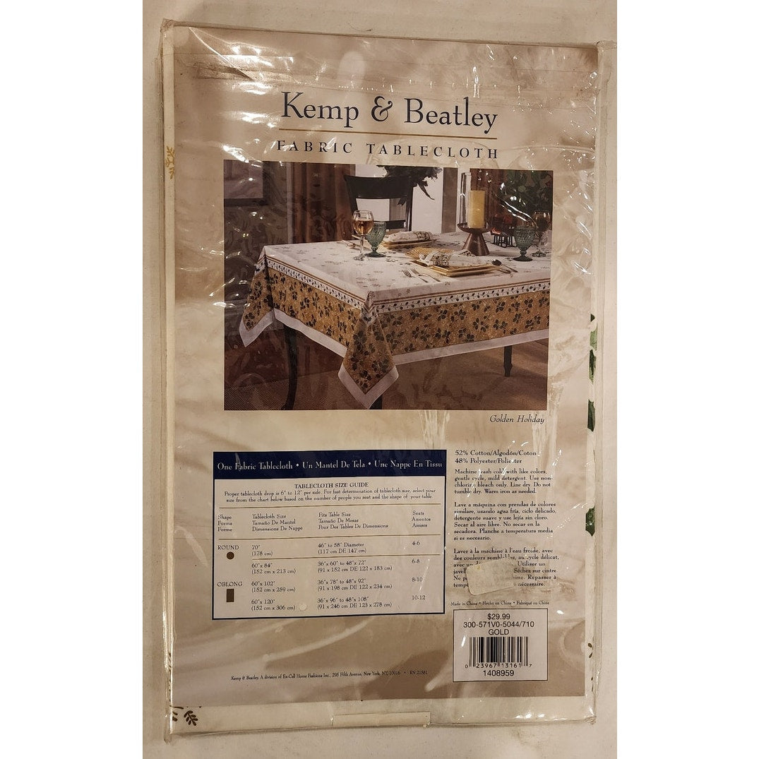 Kemp & Beatley Golden Holiday Fabric Tablecloth 70" Round Christmas NWT