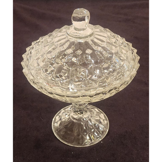 Vintage Crystal Pedestal Compote w/ Lid – 7.5" Tall – Diamond Cut Pattern
