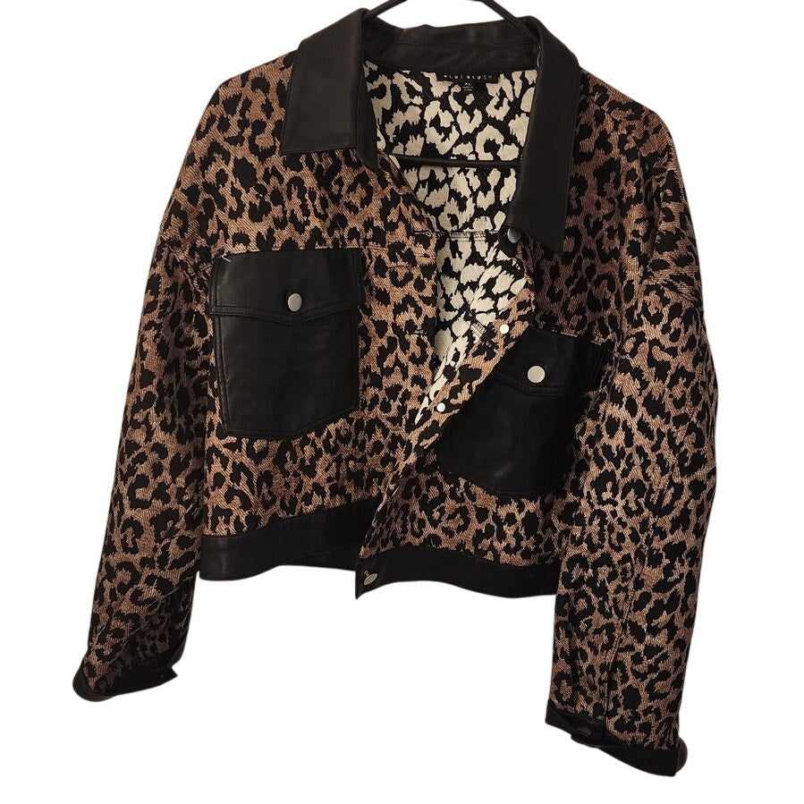 Blue Blush Leopard Print Jacket XL Faux Leather Trim Statement Coat