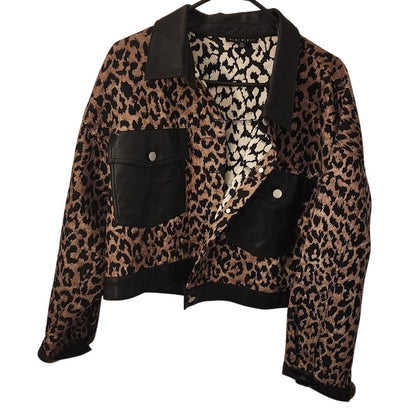 Blue Blush Leopard Print Jacket XL Faux Leather Trim Statement Coat