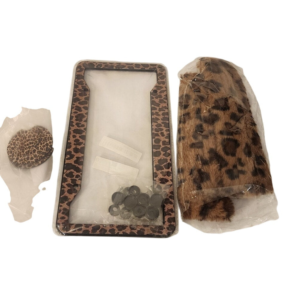 Cheetah Print Car Accessory Set – Plate Frame, Shoulder Covers, Cup Inserts