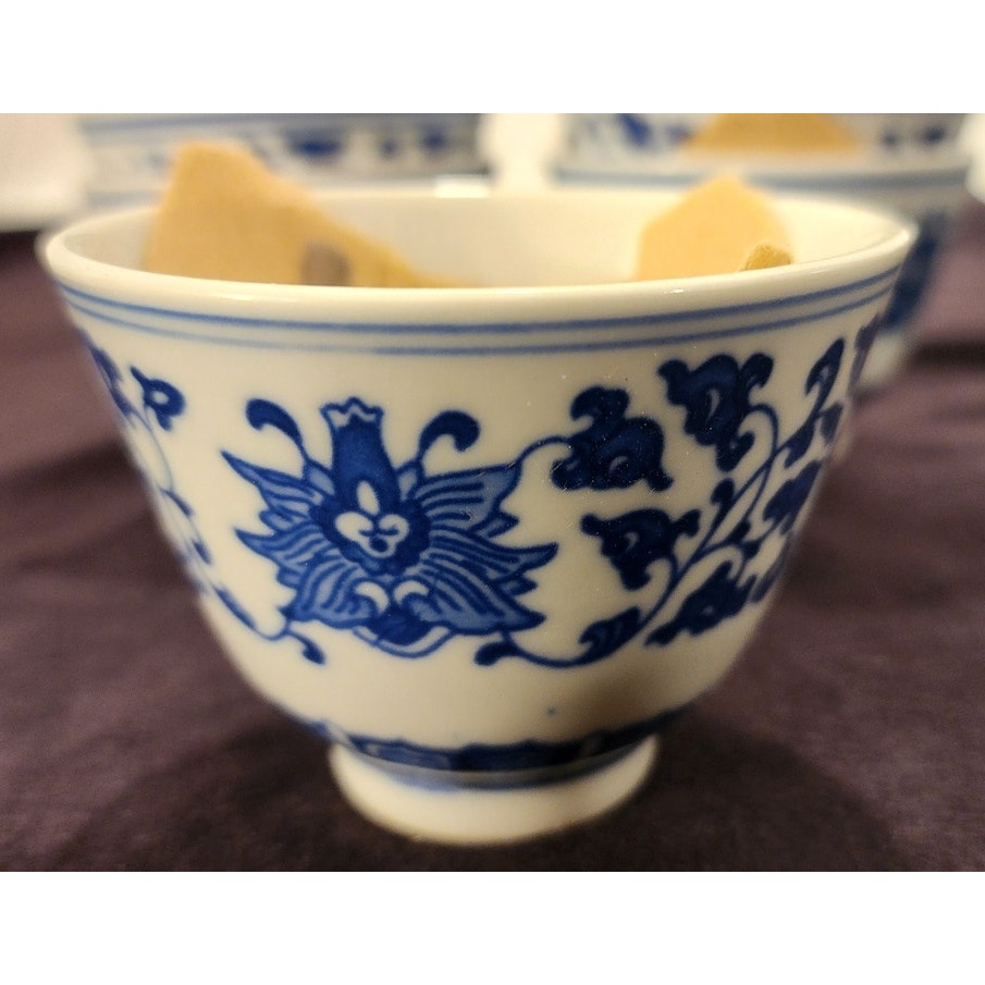 NEW Blue & White Porcelain Tea Cups– Set of 8– Floral/Geo Pattern– Made in China