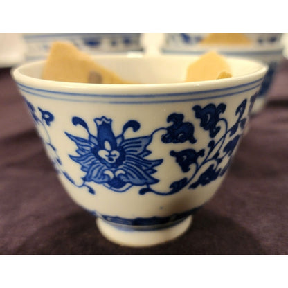 NEW Blue & White Porcelain Tea Cups– Set of 8– Floral/Geo Pattern– Made in China