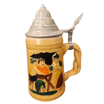 Vintage ABC Alphabet German Style Lidded Beer Stein Set Ceramic Pewter Lid 7.5"