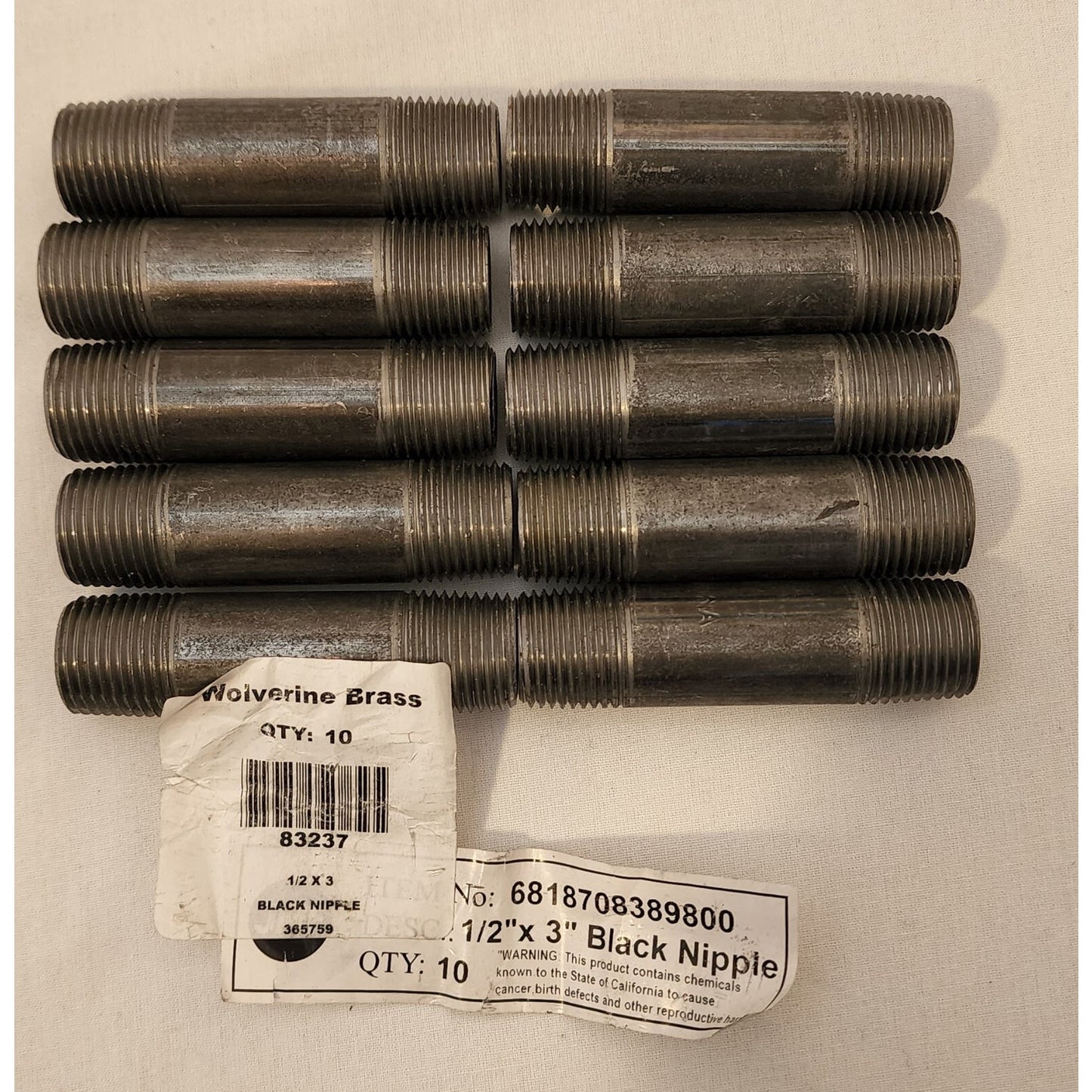 (10-Pk) Wolverine Brass - Iron Nipple Black - 1/2" x 3" - 83237