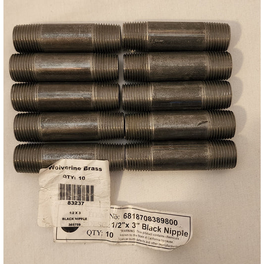 (10-Pk) Wolverine Brass - Iron Nipple Black - 1/2" x 3" - 83237