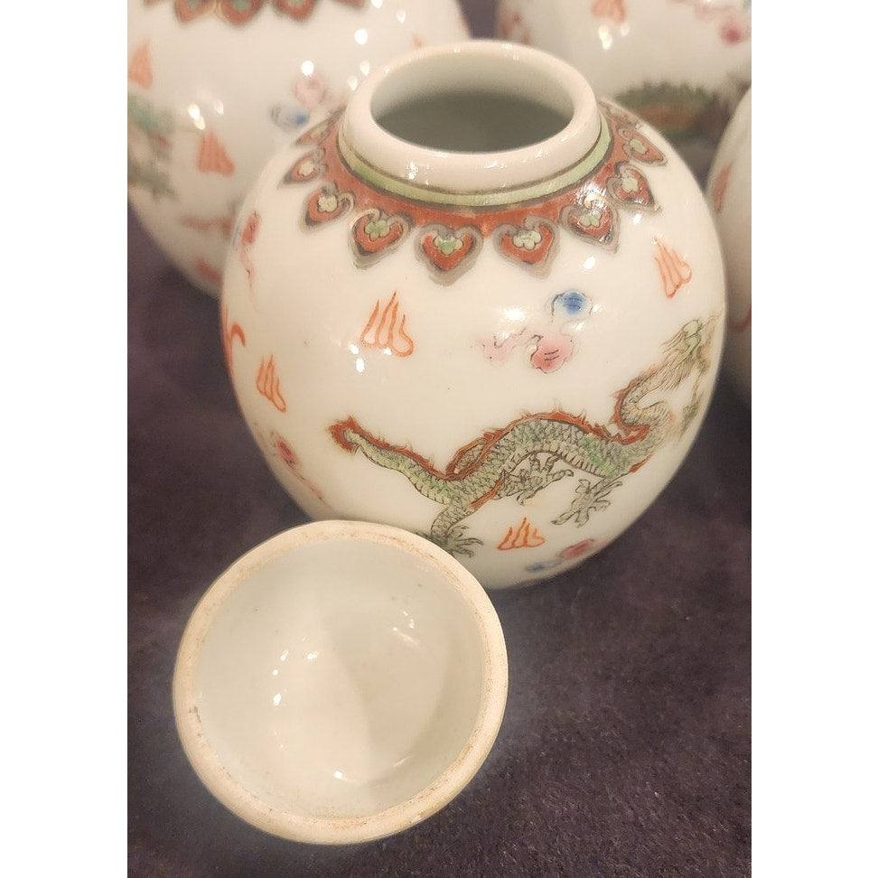Set of 4 Chinese Porcelain Dragon Jars – Jingdezhen Mark – 3.5" – Lidded