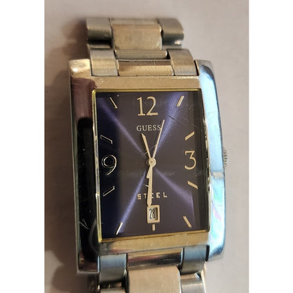 Vintage Guess Steel Mens Blue Dial Rectangular Quartz Watch Stainless Bracelet