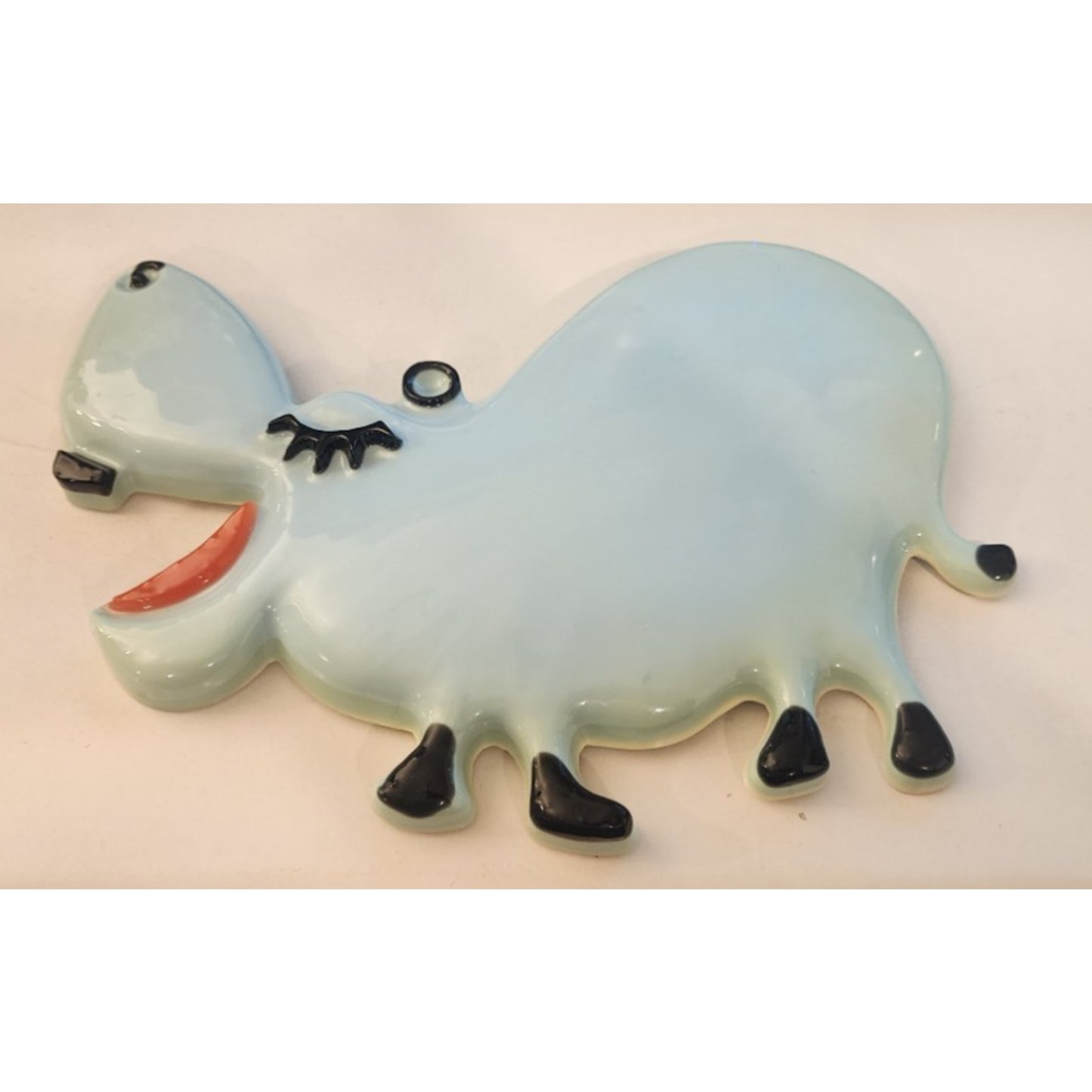 Handmade Ceramic Hippo Wall Hanging - Approx 10" X 8" - Cute, Blue, black, red