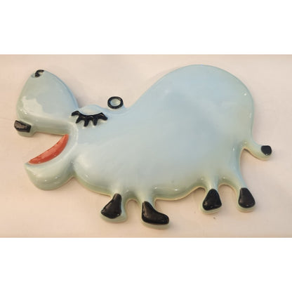 Handmade Ceramic Hippo Wall Hanging - Approx 10" X 8" - Cute, Blue, black, red