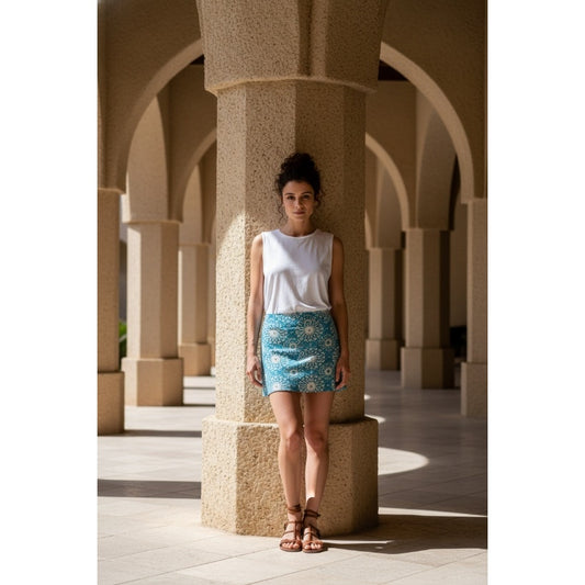 Nice - Teal and White Patterned Skorts - Tranquility, Colorado Clothing - XL