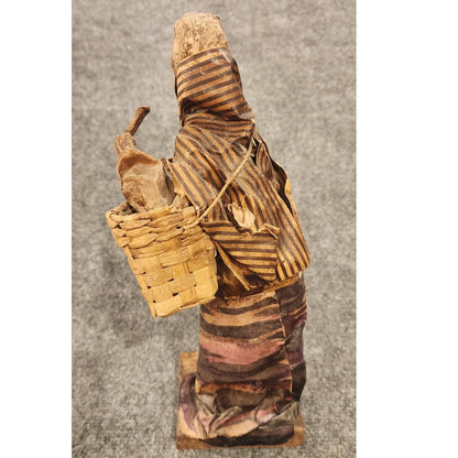 Vintage Handmade Mexican Folk Art Paper Mache Vendor Wicker Basket Figurine 13"