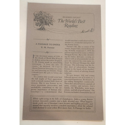 A Passage To India - E. M. FORSTER - Readers Digest - Copyright 1989 -W/Insert