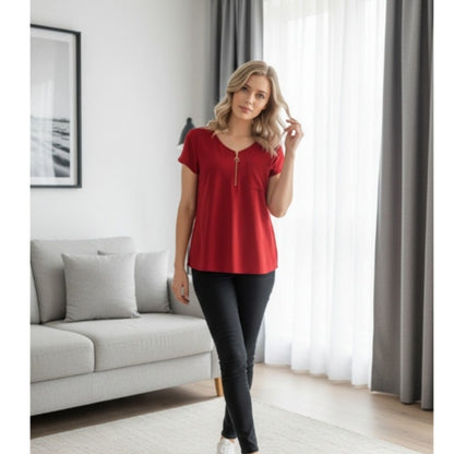 ROZ & ALI - M - Red Top with Zipper and fake Pocket - CUTE!!