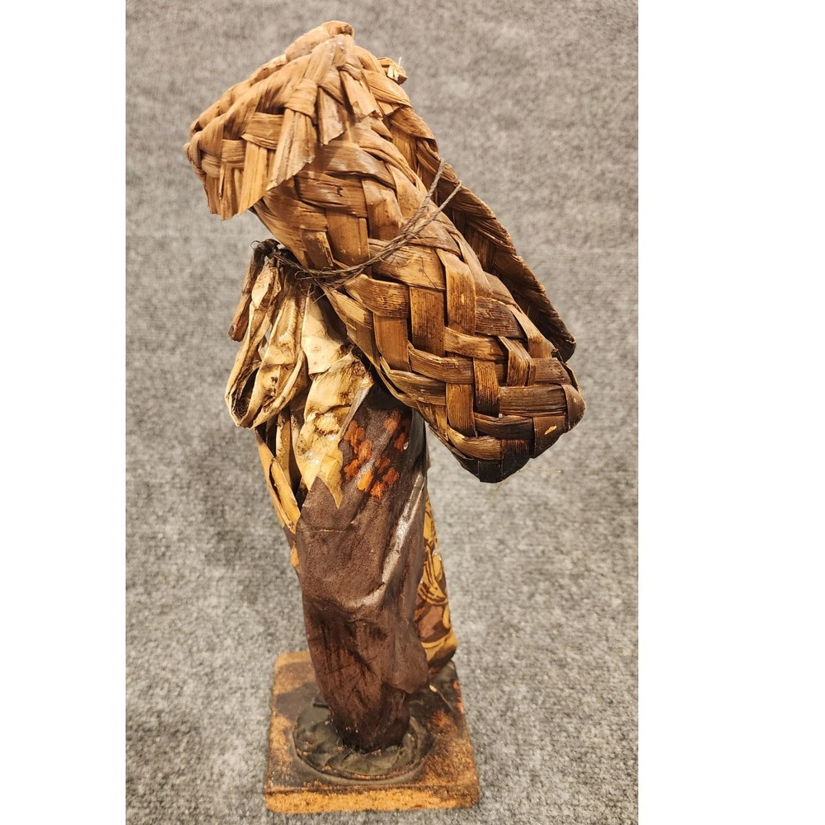 Vintage Handmade Mexican Folk Art Paper Mache Woman Back Wicker Basket Figurine