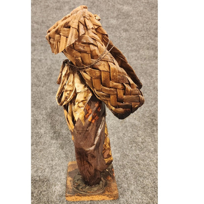 Vintage Handmade Mexican Folk Art Paper Mache Woman Back Wicker Basket Figurine