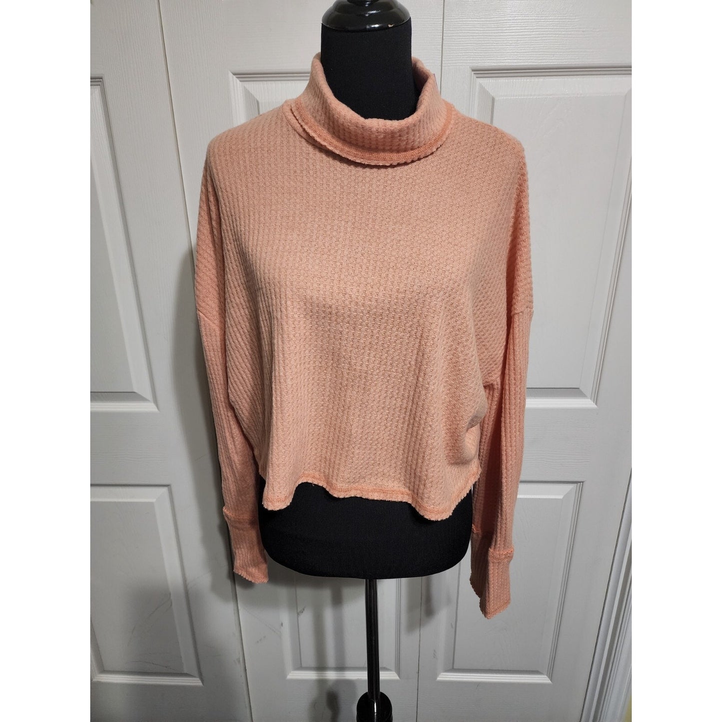 Women's Long Sleeve Turtleneck Cropped Shirt -Peach Orange -waffle material -XXL