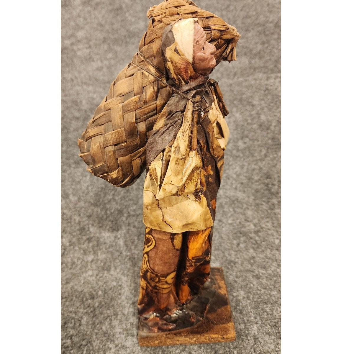 Vintage Handmade Mexican Folk Art Paper Mache Woman Back Wicker Basket Figurine