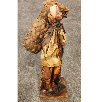 Vintage Handmade Mexican Folk Art Paper Mache Woman Back Wicker Basket Figurine