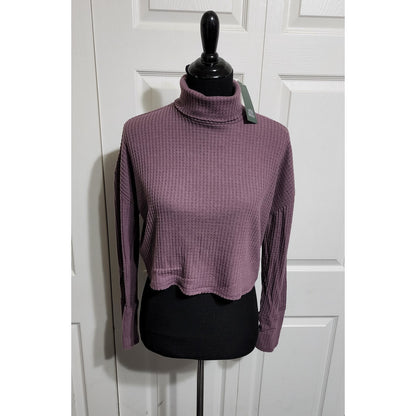 Women's Long Sleeve Turtleneck Cropped Shirt - Dark Mauve - waffle material - L